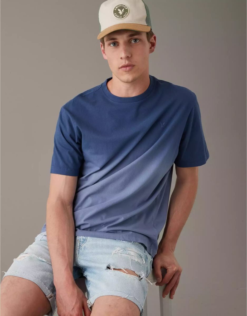 T Shirts American Eagle AE Super Soft Legend Dip-Dye Bleu Foncé Homme | EYJ-12081762